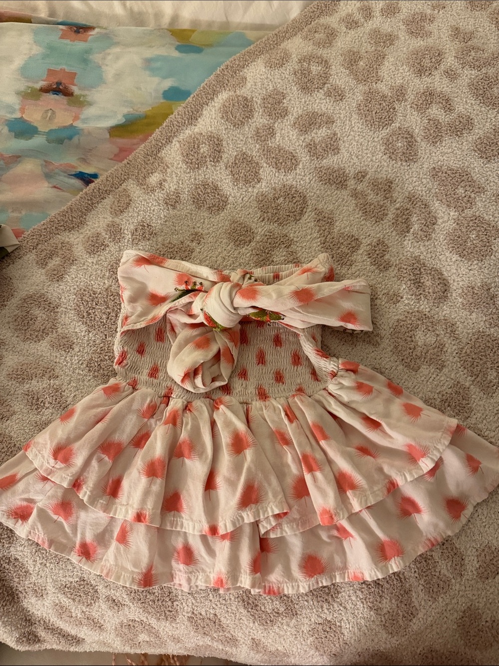 Xs Smocked Tiered Dress with Coral Dot Print
